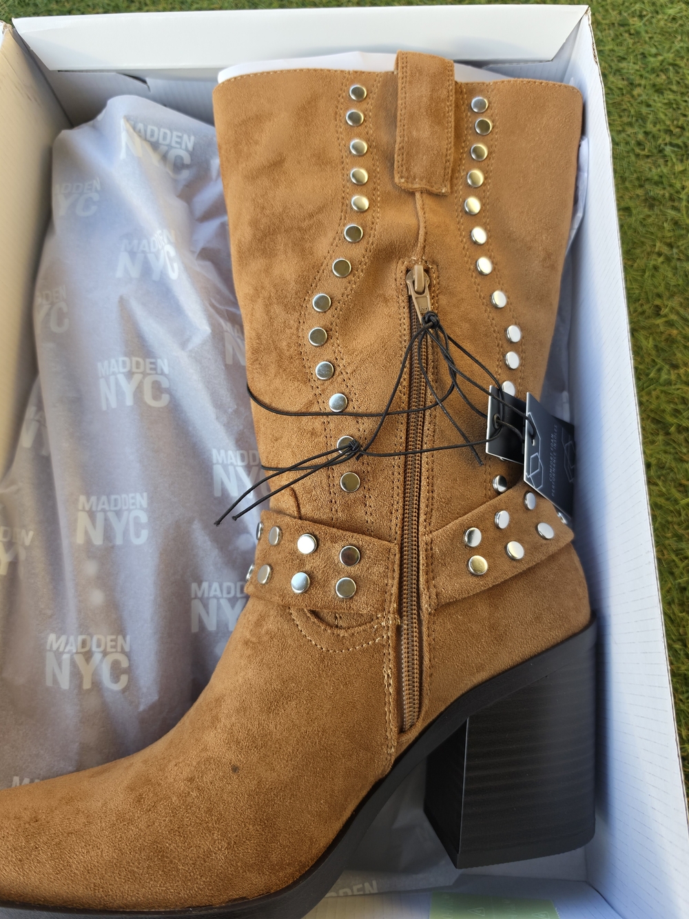 Madden NYC Women's Tan Suede Studded Block Heel Mid-Calf Boot